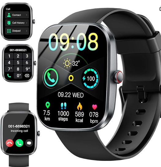 Entertaining Gifts and Supplies Affordable smartwatch gifts for families featuring a large HD touch screen, health tracker, Bluetooth call functionality, and sleek modern design.