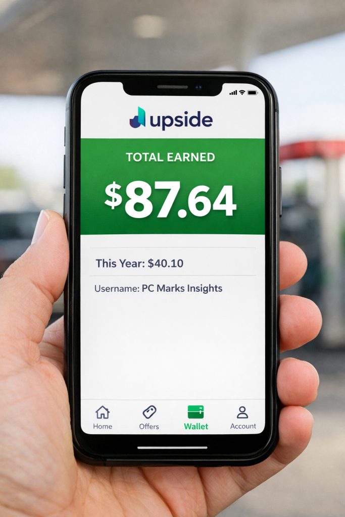 A person holding a phone showing their Upside earnings at a gas station, highlighting how shoppers save money through grocery deals this week, fuel meals discount codes, and convenient store snacks rewards.